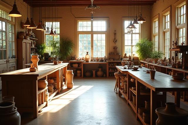 Spacious and well-lit ceramic and glass art studio interior with various workstations and natural light.